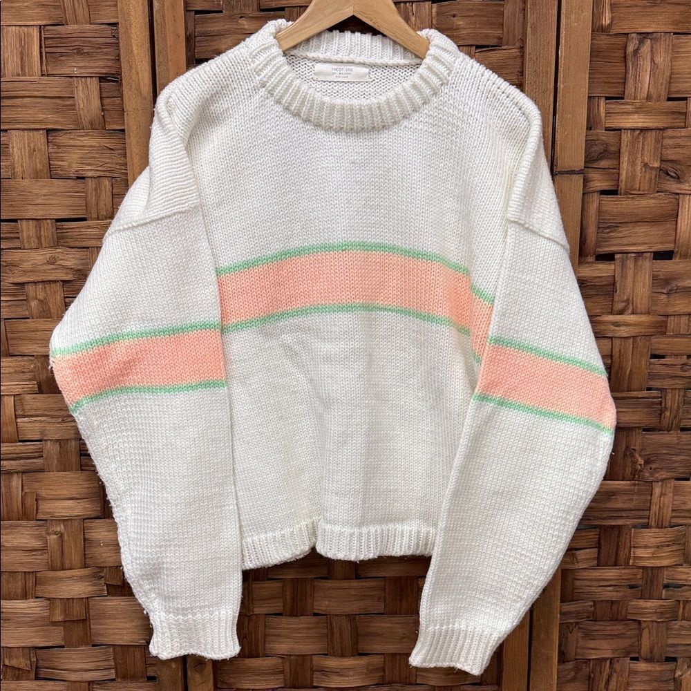 Vintage Handmade Cozy White Sweater with Pink and Green Stripes